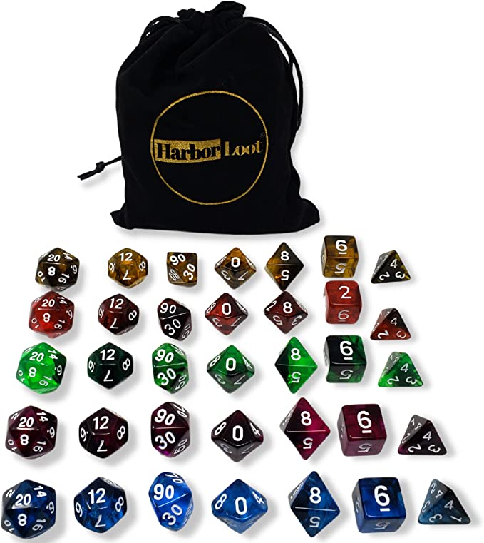 35 Piece RPG dice collections in standard and tiny sizes.